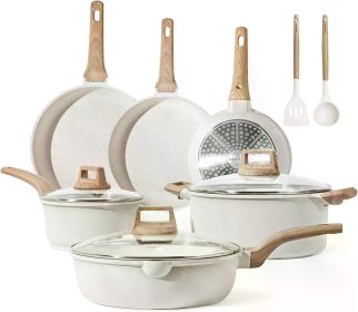 21 Piece Non Stick Cookware Set, Sturdy Die Cast Aluminum Body, Easy To Clean White Granite Texture, Cookware Set