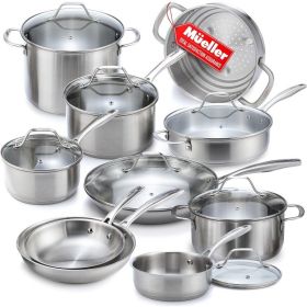 Mueller Pots and Pans Set 17-Piece, Ultra-Clad Pro Stainless Steel Cookware Set, Ergonomic EverCool Handle, Includes Saucepans (Color: Silver)