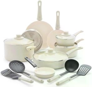 Healthy Ceramic Nonstick 16 Piece Kitchen Cookware Set Pots and Frying Sauce Saute Pans Set, PFAS-Free, Taupe (Color: Cream)