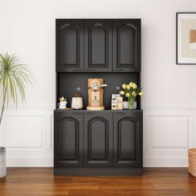 70" Pantry Cabinet Kitchen Hutch Buffet Sideboard, Oven Countertop Storage Microwave Cabinet 6 Doors and 1 Drawer (Color: Black)