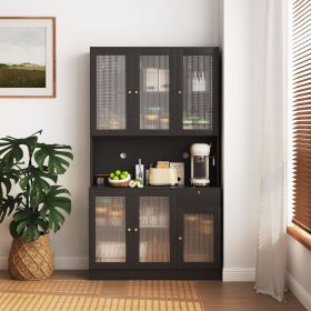 70" Pantry Cabinet Kitchen Hutch Buffet Sideboard, Oven Countertop Storage Microwave Cabinet 6 Doors and 1 Drawer (Color: Black-1)