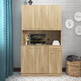 70" Pantry Cabinet Kitchen Hutch Buffet Sideboard, Oven Countertop Storage Microwave Cabinet 6 Doors and 1 Drawer (Color: Natural X 1)
