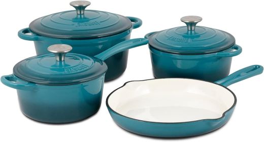 Basque Enameled Cast Iron Cookware Set, 7-Piece Set, Nonstick, Oversized Handles, Oven Safe; 10.25" Skillet, 2QTSaucepan (Color: BSQ-001)