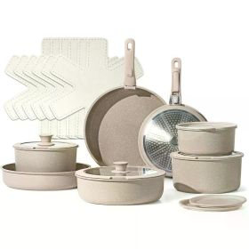 21pcs Detachable Handle Pots and Pan Set, Nonstick Induction Cookware, Removable Handle, RV Oven Safe Cookware, Taupe (Color: Taupe 21pcs set)