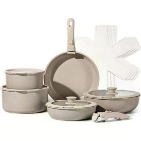 21pcs Detachable Handle Pots and Pan Set, Nonstick Induction Cookware, Removable Handle, RV Oven Safe Cookware, Taupe (Color: Taupe 15pcs set)