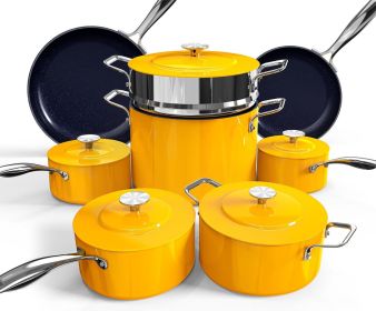 Lux 13pc Forged Lightweight Cookware Set PFAS Free, Healthy G10 Duralon Ceramic Coating, Ultra Non-Stick, Stay-Cool Handles (Color: Goldenrod)