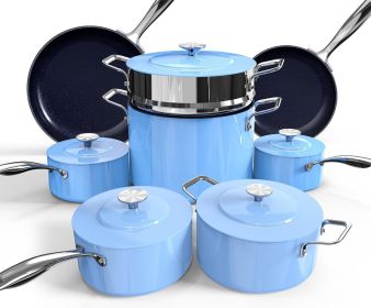 Lux 13pc Forged Lightweight Cookware Set PFAS Free, Healthy G10 Duralon Ceramic Coating, Ultra Non-Stick, Stay-Cool Handles (Color: Poppy Blue)