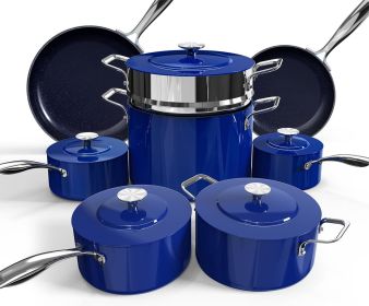 Lux 13pc Forged Lightweight Cookware Set PFAS Free, Healthy G10 Duralon Ceramic Coating, Ultra Non-Stick, Stay-Cool Handles (Color: Blueberry)