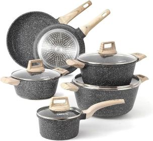 Carote Nonstick Granite Cookware Sets 10 Pcs Stone Cookware Set,non stick frying pan set , pots and pans set (Color: Black)