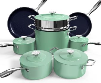 Lux 13pc Forged Lightweight Cookware Set PFAS Free, Healthy G10 Duralon Ceramic Coating, Ultra Non-Stick, Stay-Cool Handles (Color: Mint Green)