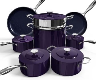 Lux 13pc Forged Lightweight Cookware Set PFAS Free, Healthy G10 Duralon Ceramic Coating, Ultra Non-Stick, Stay-Cool Handles (Color: Eggplant)