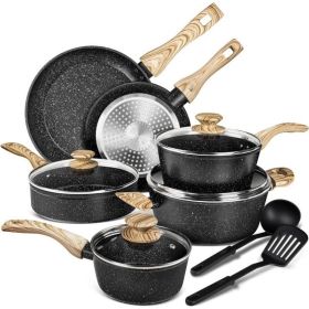 Pots and Pans Set Nonstick, Granite Non Stick Pots and Pan Set 8 Pcs, Non Toxic Pan Sets for Cooking Nonstick Cookware Set (Color: Black New 12 Piece)