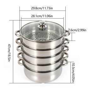 26/28/30/32cm 5 Tier Steame Cooker Steamer Pan Cook Food Veg Pot Stainless Steel Silver w/Glass Lid (Color: 30cm)