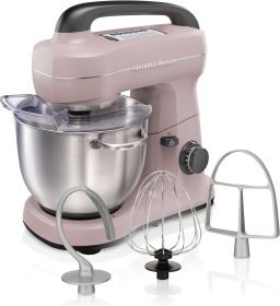 Hamilton Beach Electric Stand Mixer, 4 Quarts, Dough Hook, Flat Beater Attachments, Splash Guard 7 Speeds with Whisk, Blue (Color: Pink)