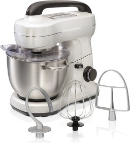 Hamilton Beach Electric Stand Mixer, 4 Quarts, Dough Hook, Flat Beater Attachments, Splash Guard 7 Speeds with Whisk, Blue (Color: White)