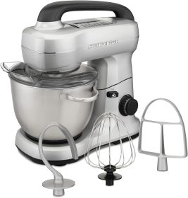 Hamilton Beach Electric Stand Mixer, 4 Quarts, Dough Hook, Flat Beater Attachments, Splash Guard 7 Speeds with Whisk, Blue (Color: Silver)